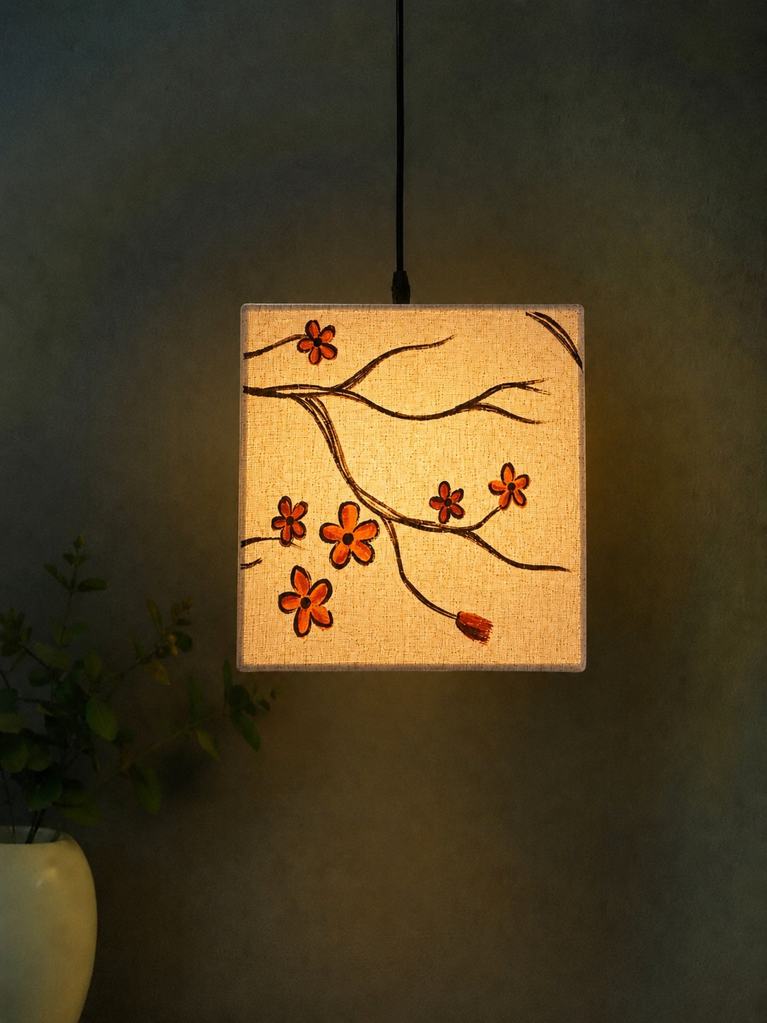 Floral cherry blossom artwork hand-painted on a fabric hanging pendant shade