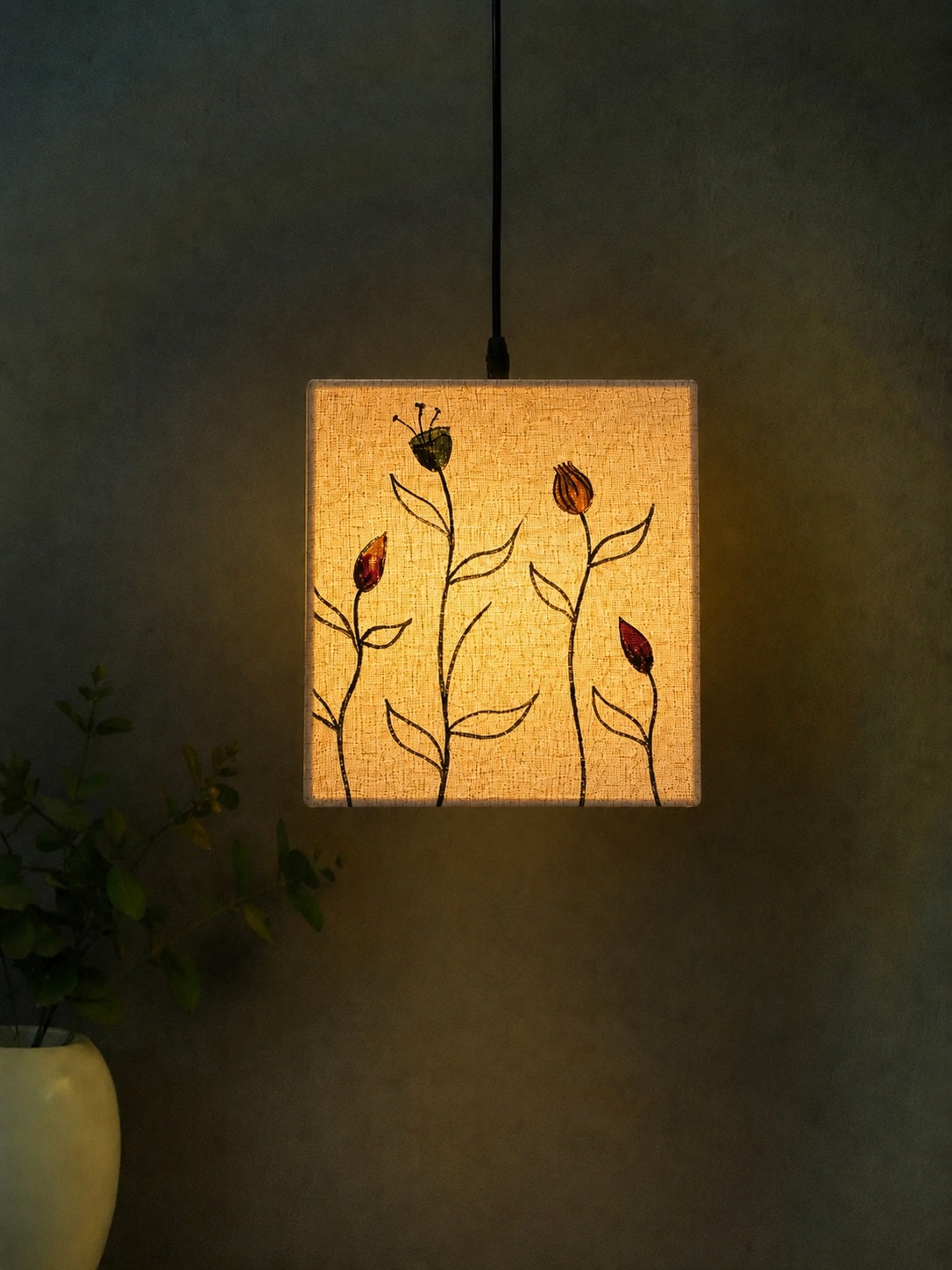 Spring flower bud botanical painting on a cube fabric hanging light shade