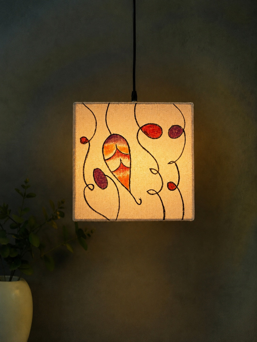 Bohemian swirl pattern hand-painted on a modern cube fabric hanging lamp