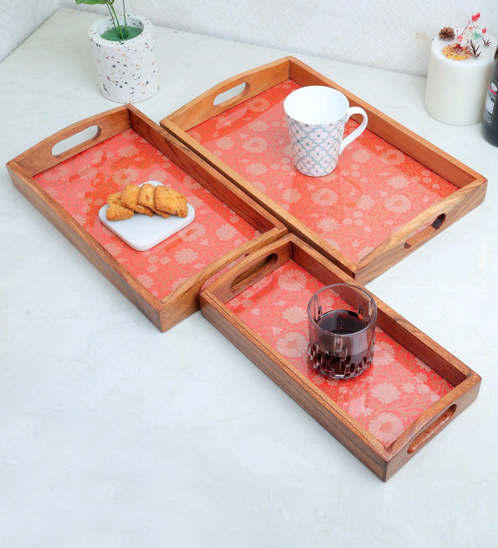Set of 3 Rectangle Decorative wooden serving tray