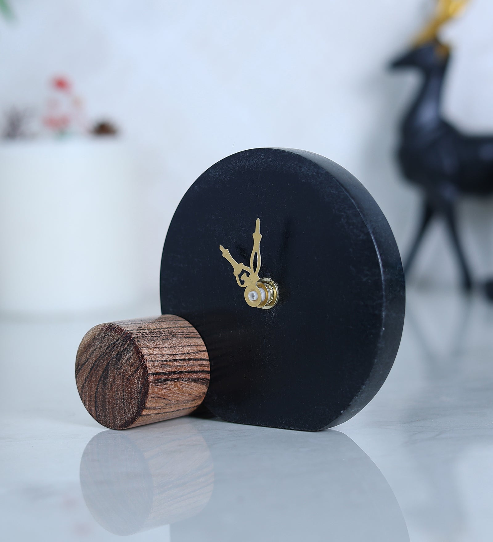 Black Marble and Wood Table Clock