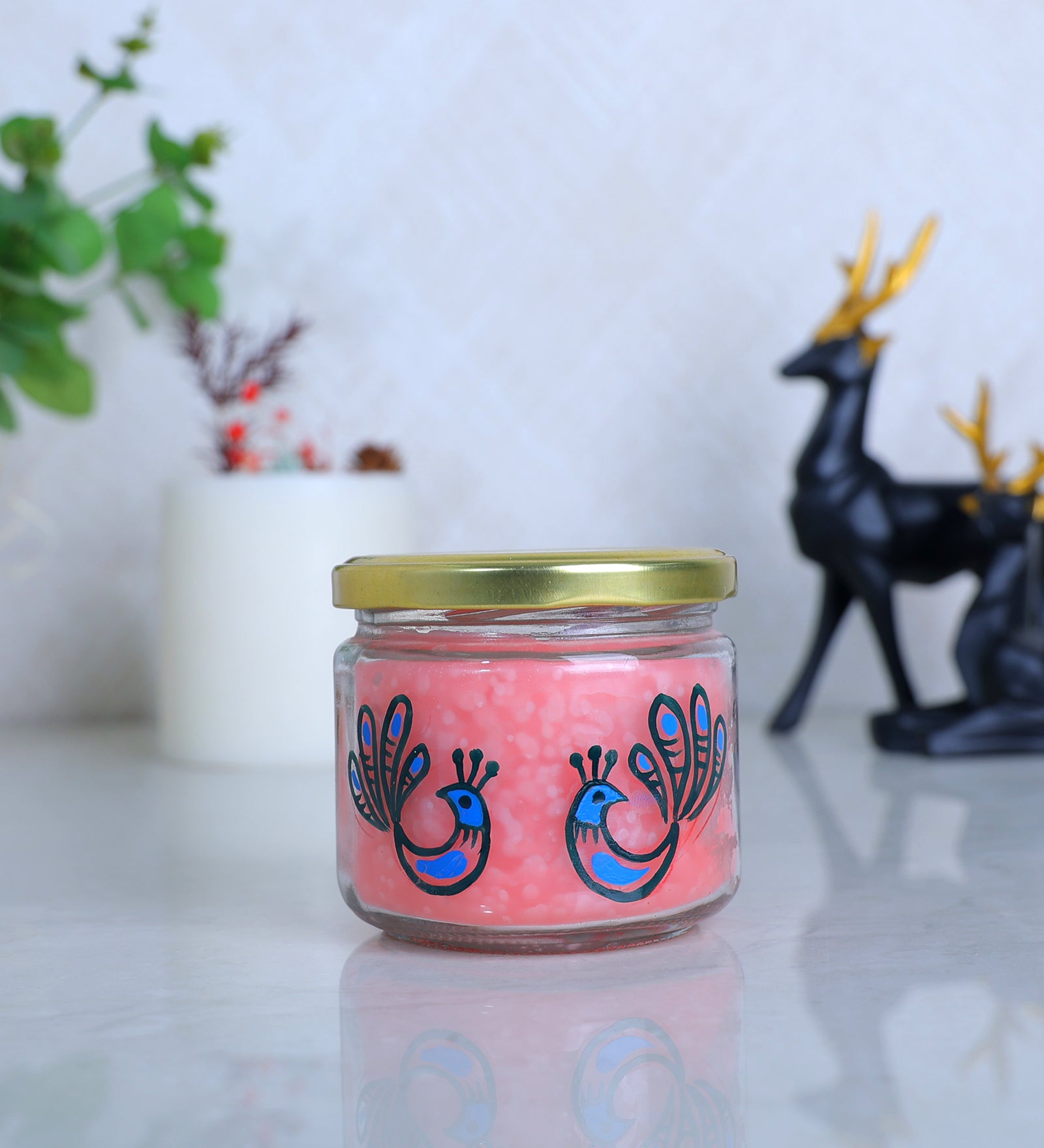 Chic Peacock Hand Painted Glass Candle Jar