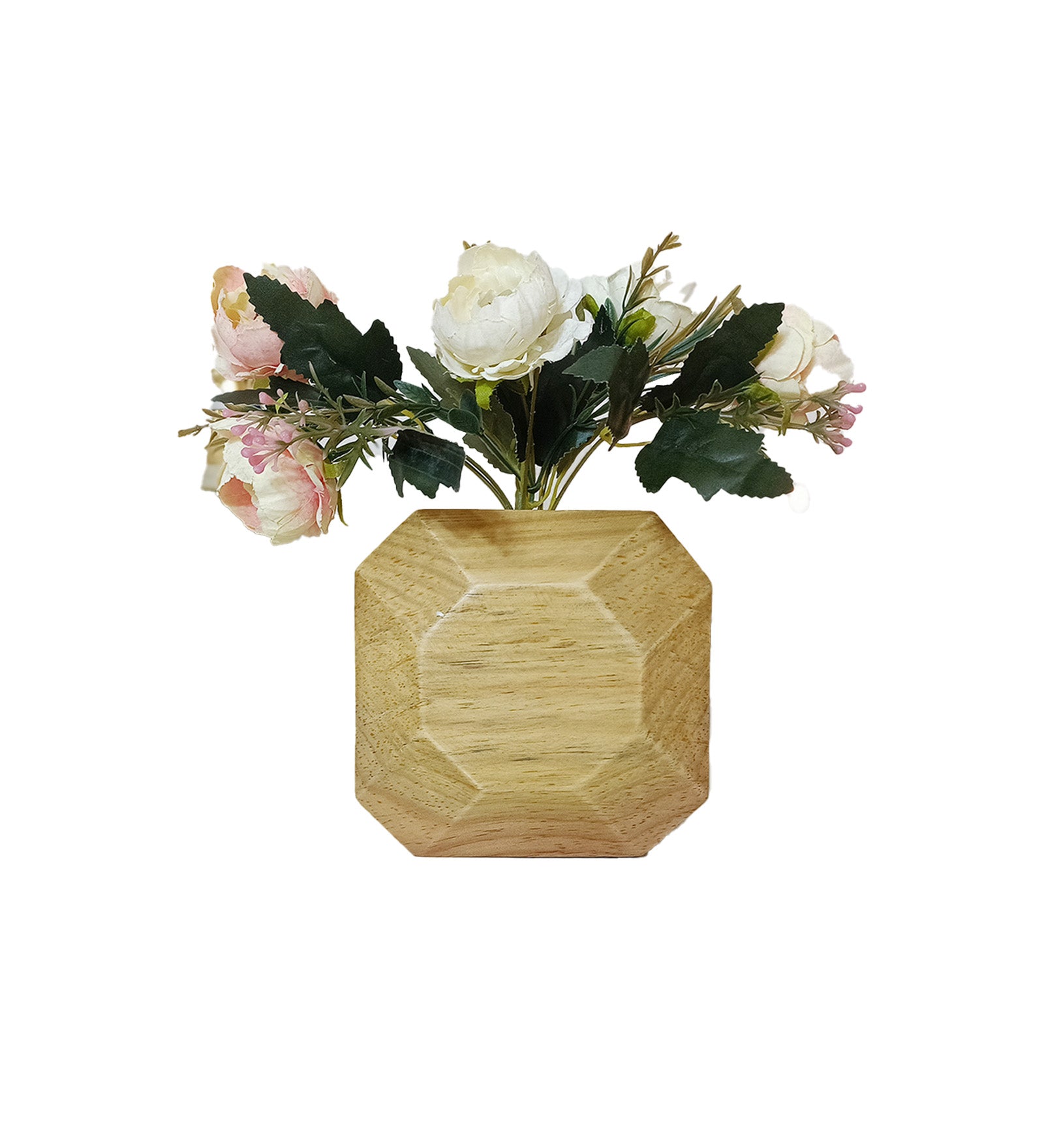 Hexagon Wooden Vase with Artificial Flowers