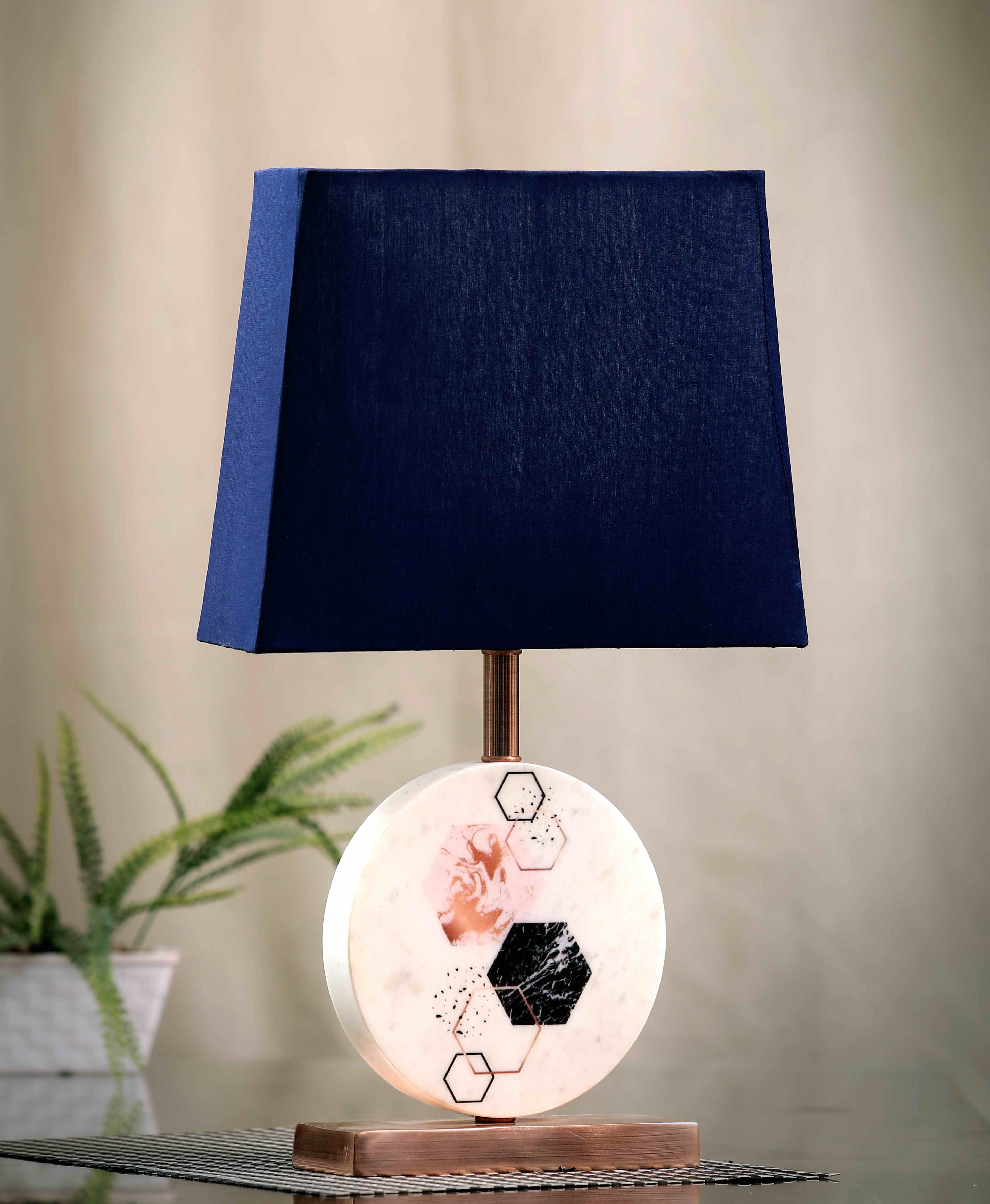 Hexagon Round Marble Table Lamp Blue Copper