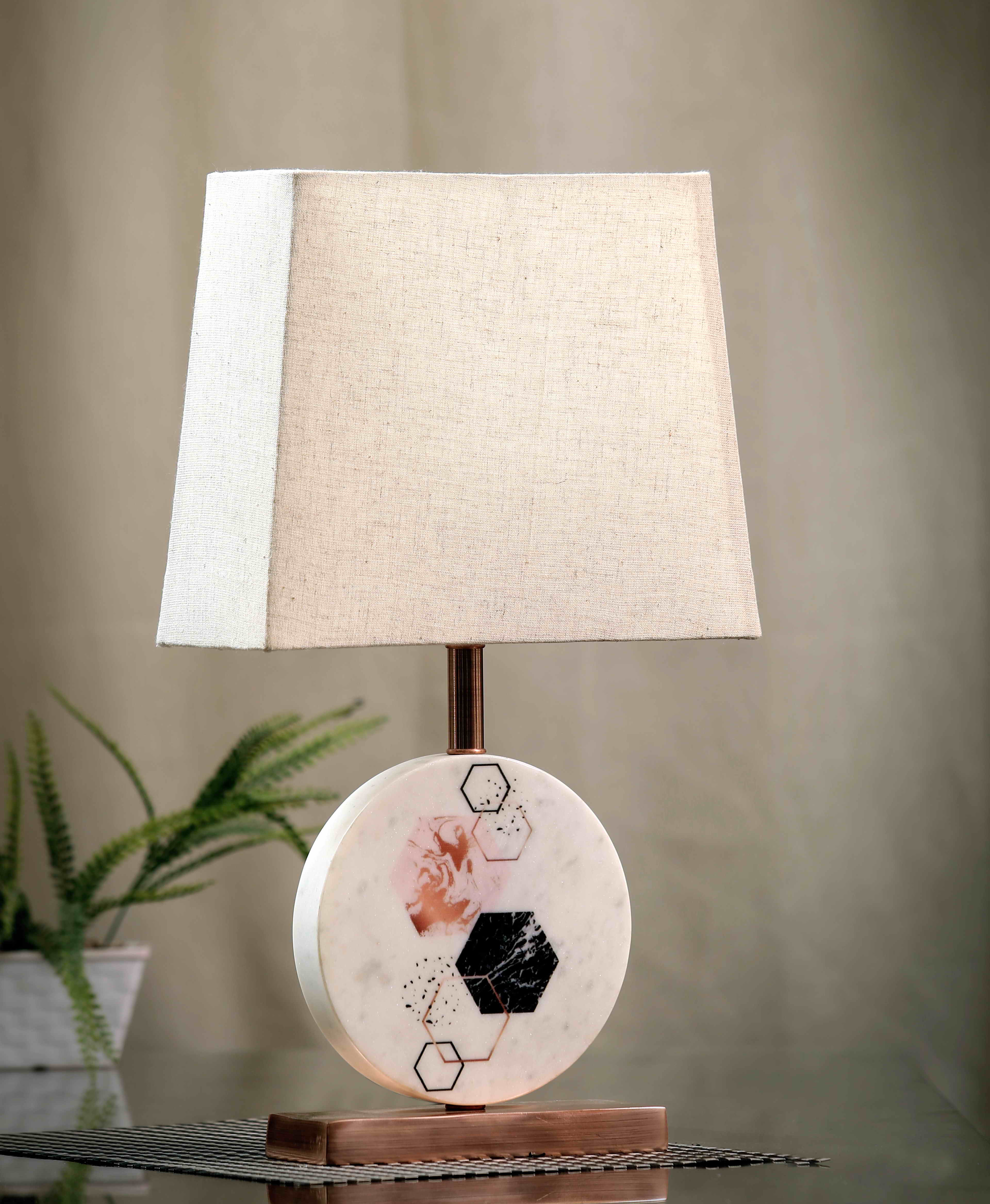 Hexagon Round Marble Table Lamp Beige Copper