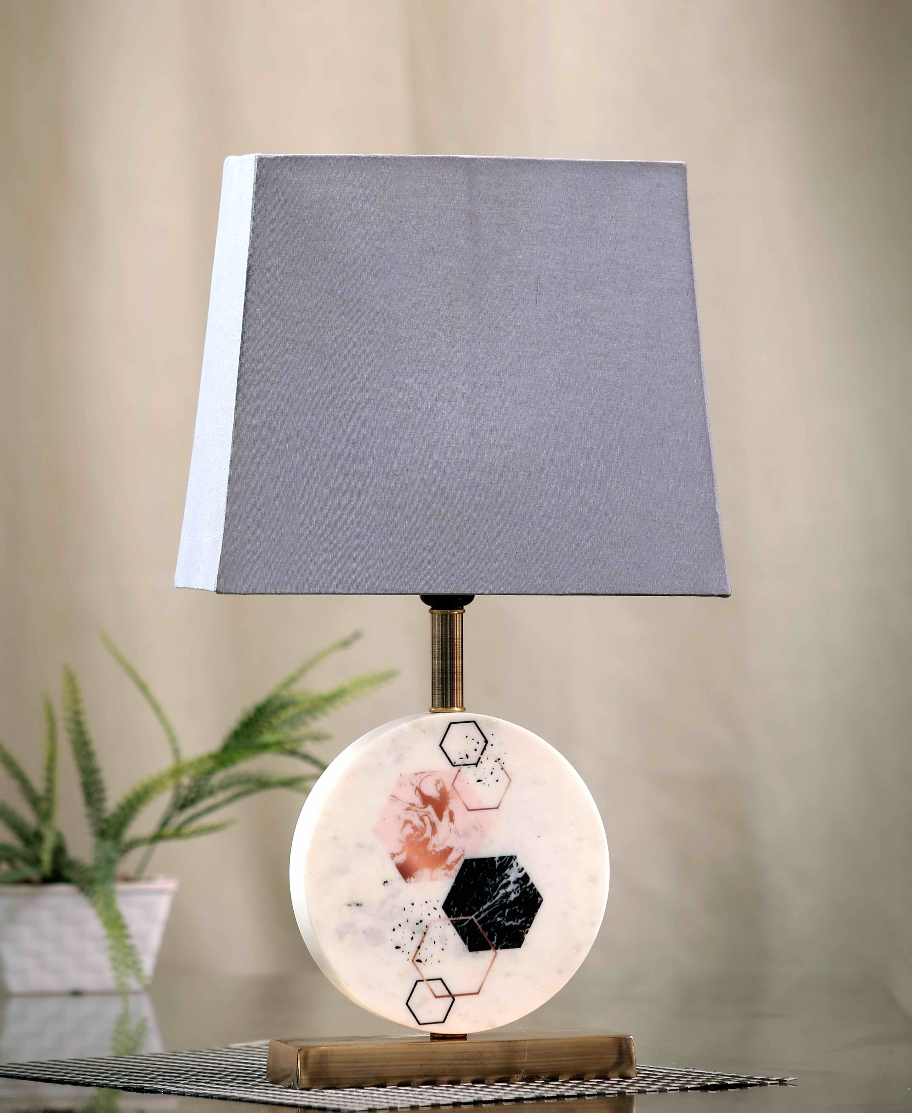 Hexagon Round Marble Table Lamp Grey Brass