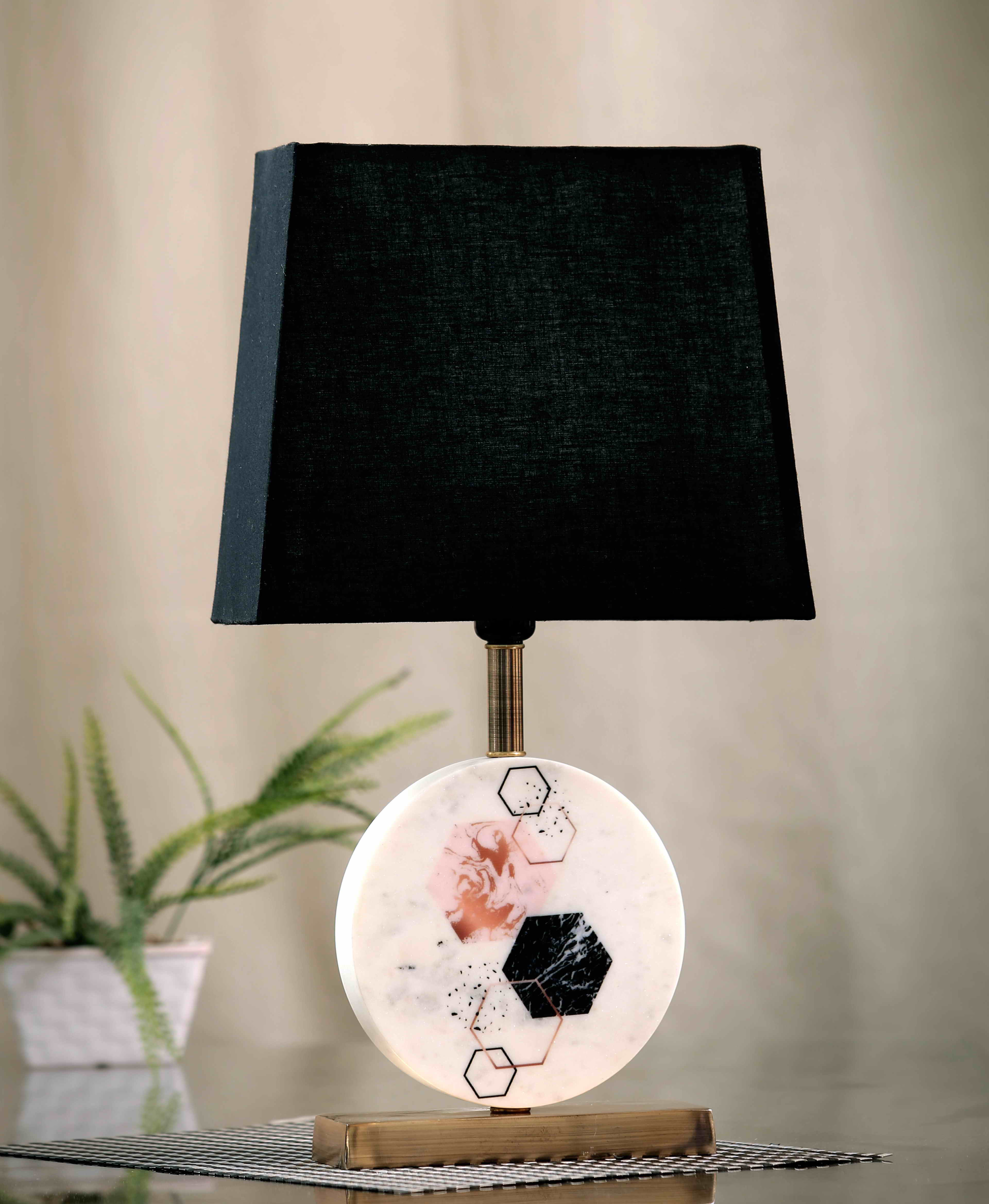 Hexagon Round Marble Table Lamp Black Brass