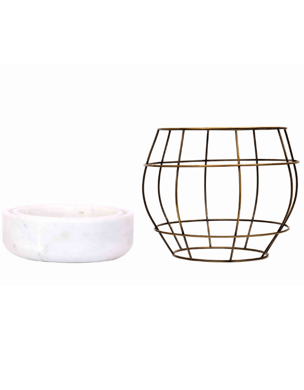 White Marble Base with Brass Antique Metal Net Planter