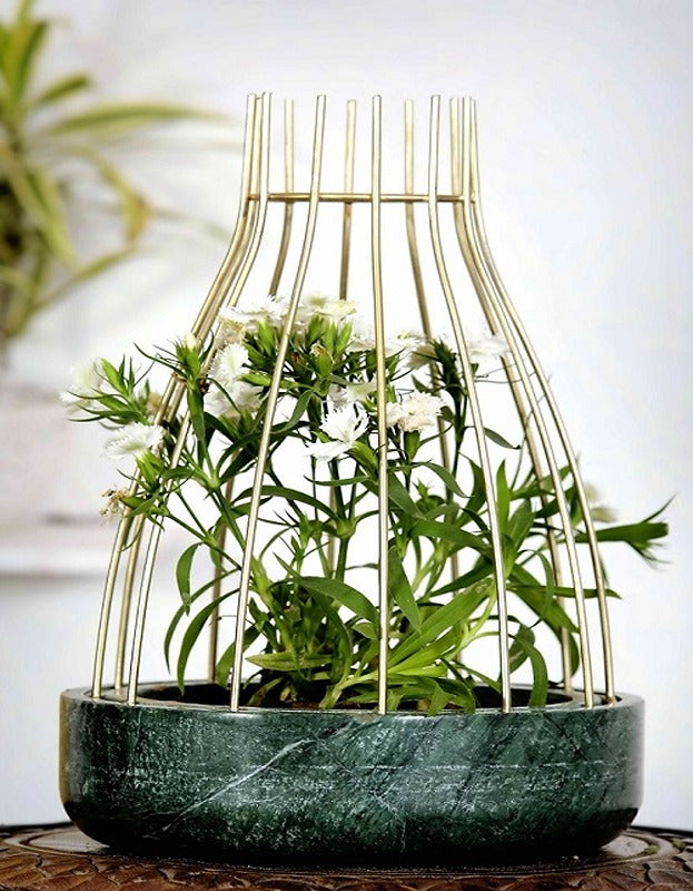 Green Marble Base with Gold Metal Web Planter