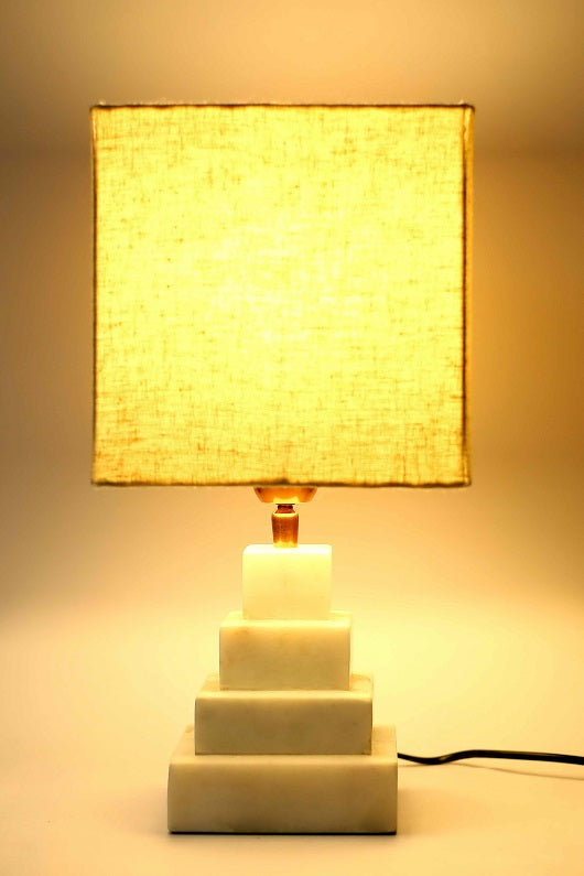 Pyramid Style Marble Table Lamp with Biege Shade