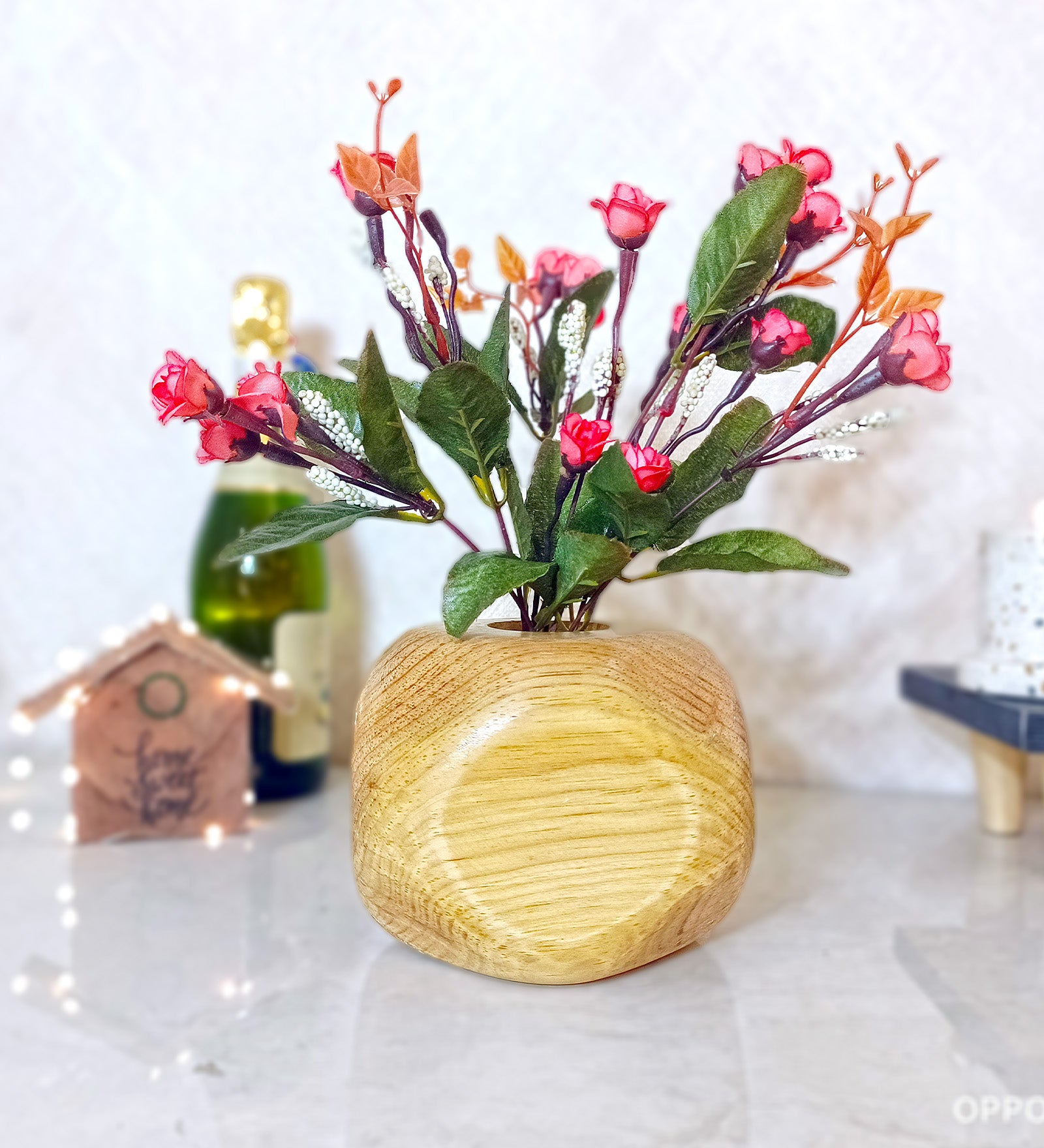 Wooden Vase with Artificial Flowers
