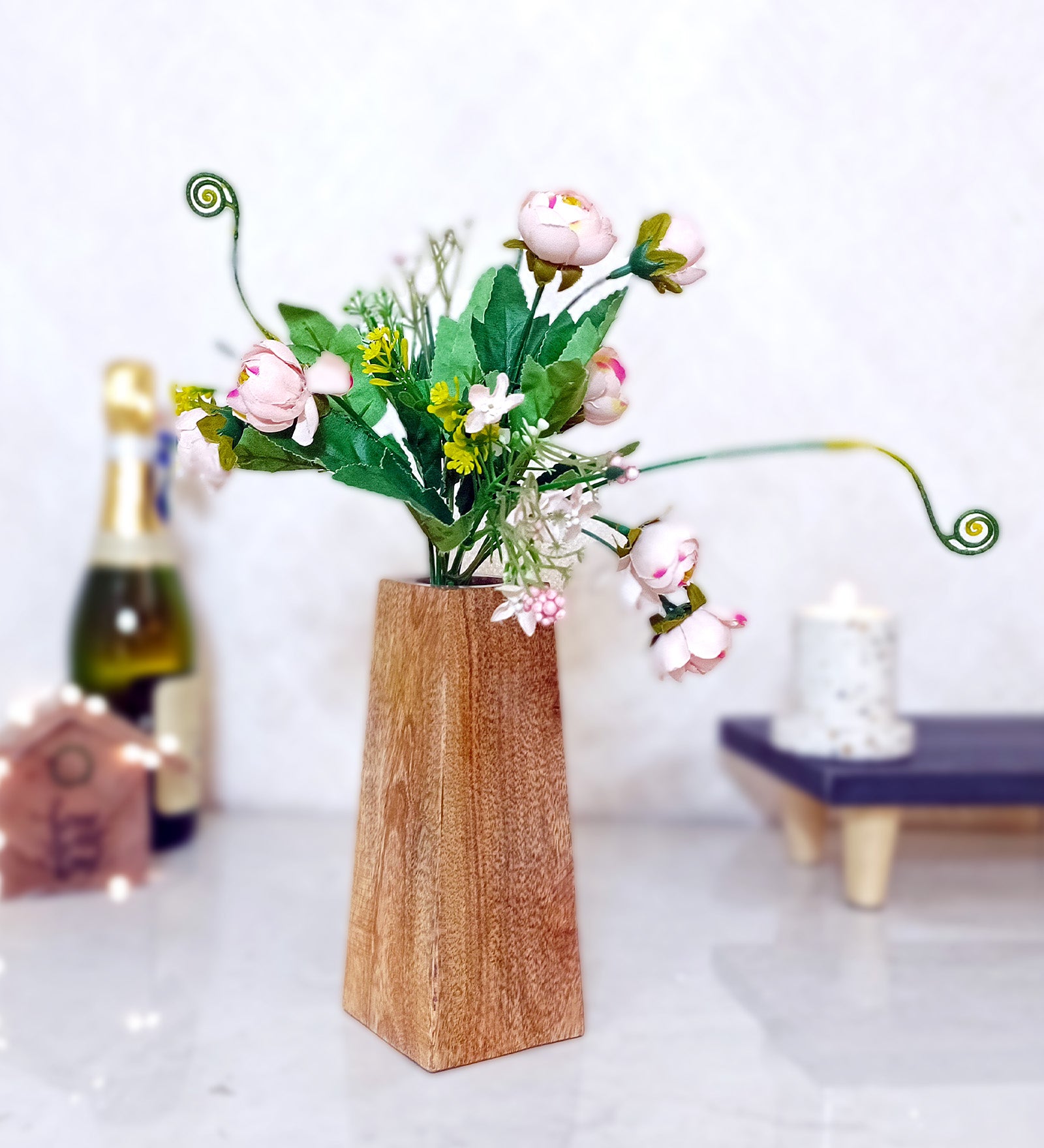 Pyramid Wooden Vase with Artificial Flowers