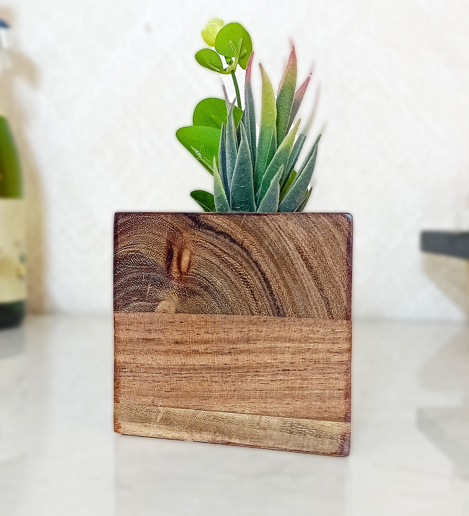 Triangle Wooden Vase with Artificial Succulent Plant