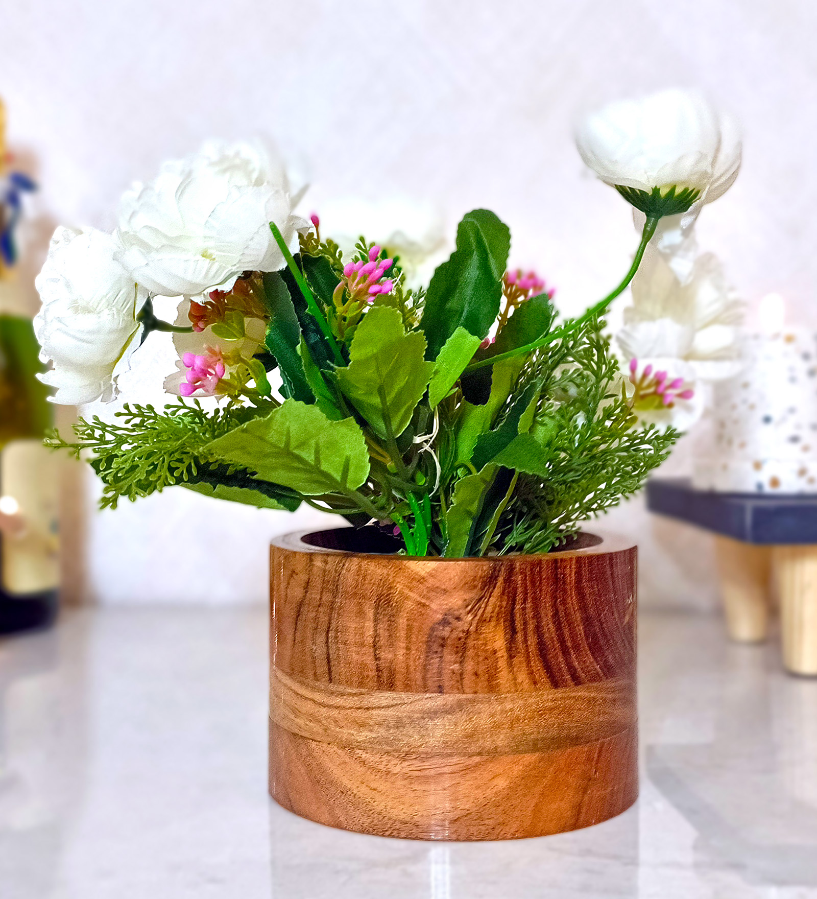 Round Wooden Vase with Artificial Flowers