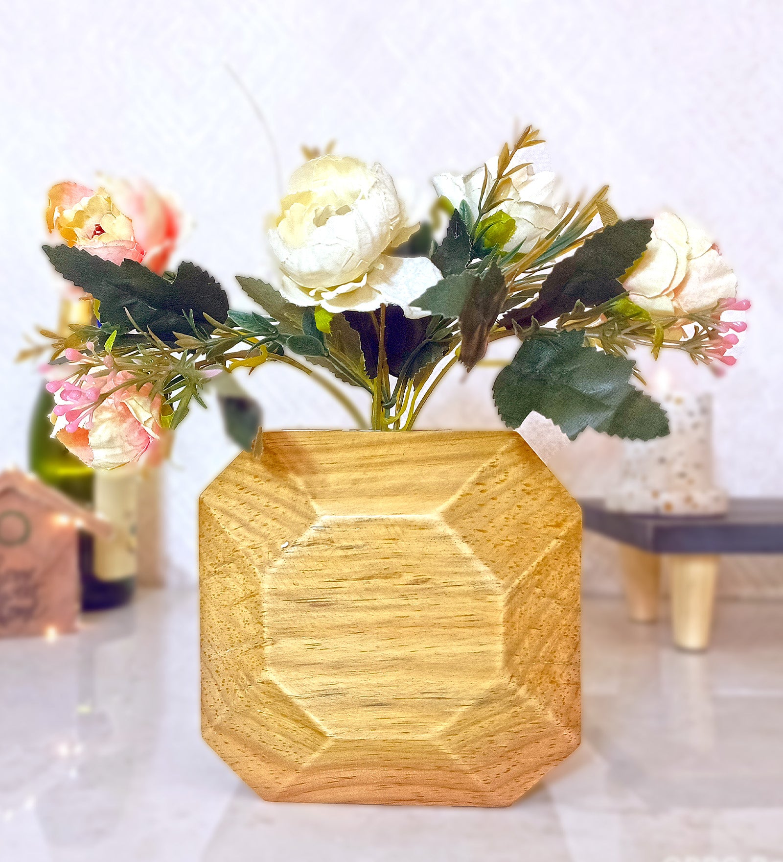 Hexagon Wooden Vase with Artificial Flowers